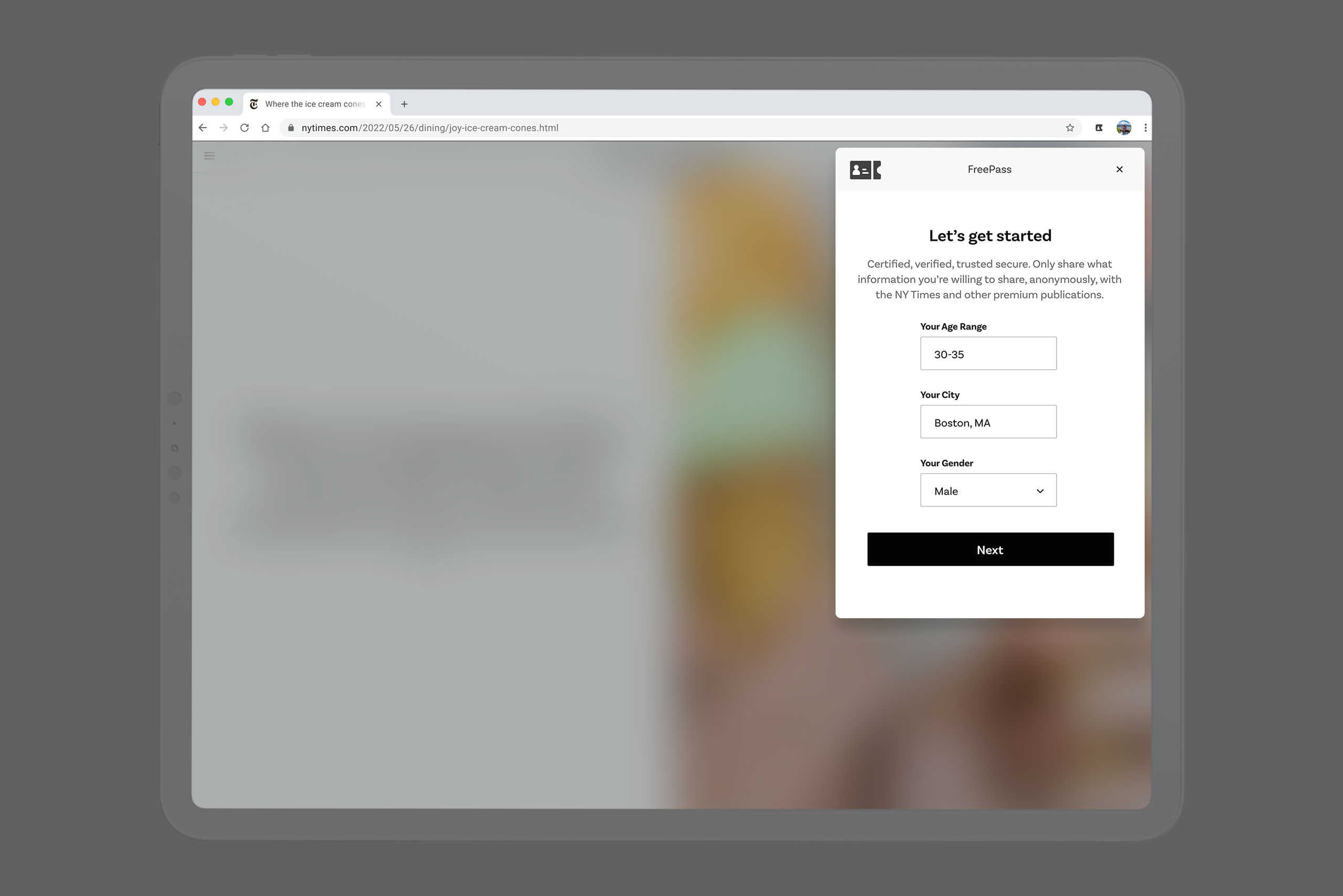 FreePass browser extension account setup. 