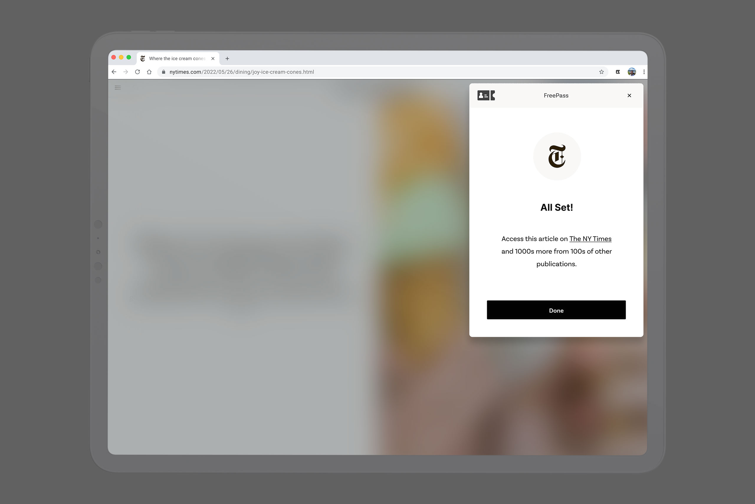 FreePass browser extension success screen.