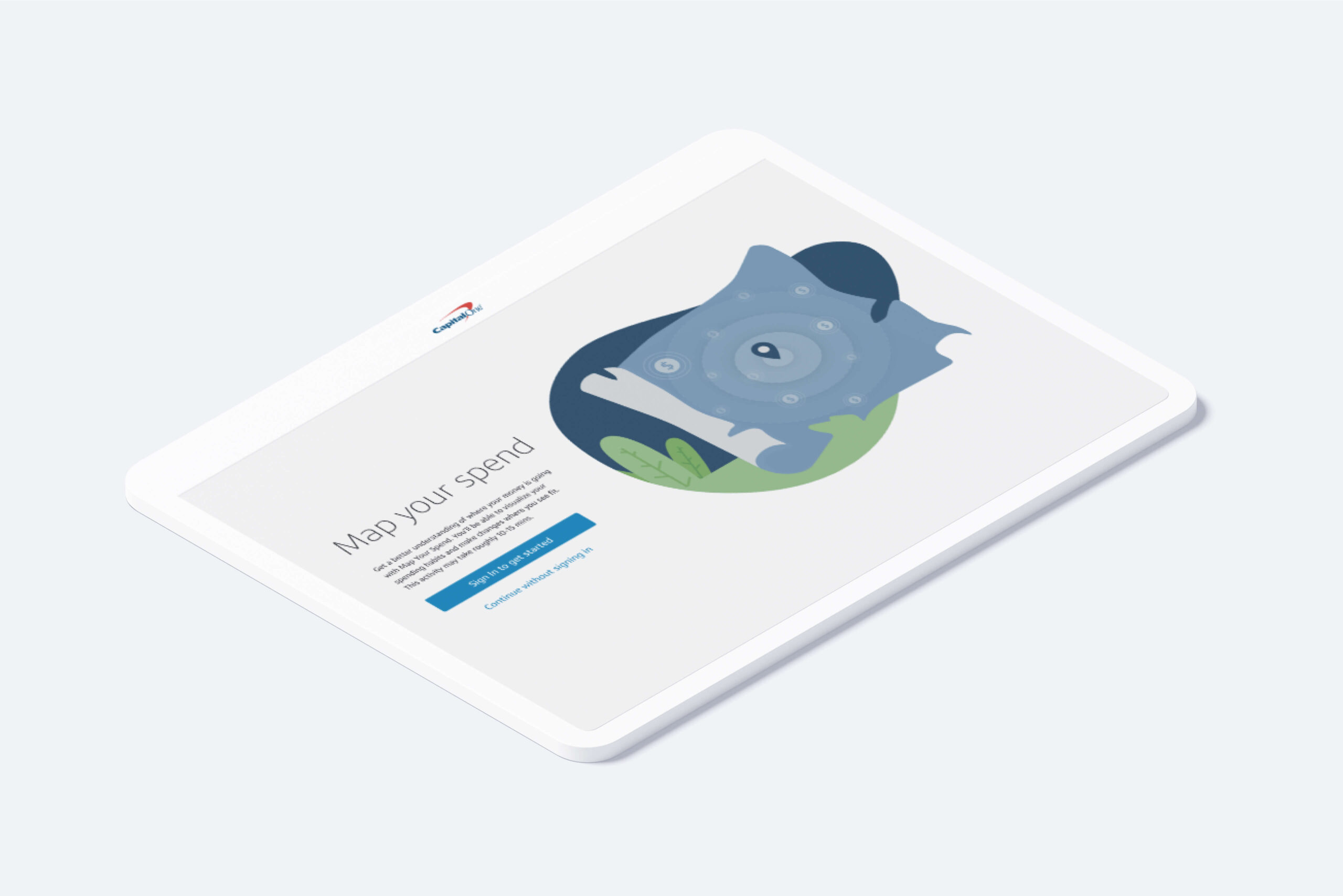 iPad mockup of a login screen for Map your spend: a self-service money and financial well being web app from Capital One..