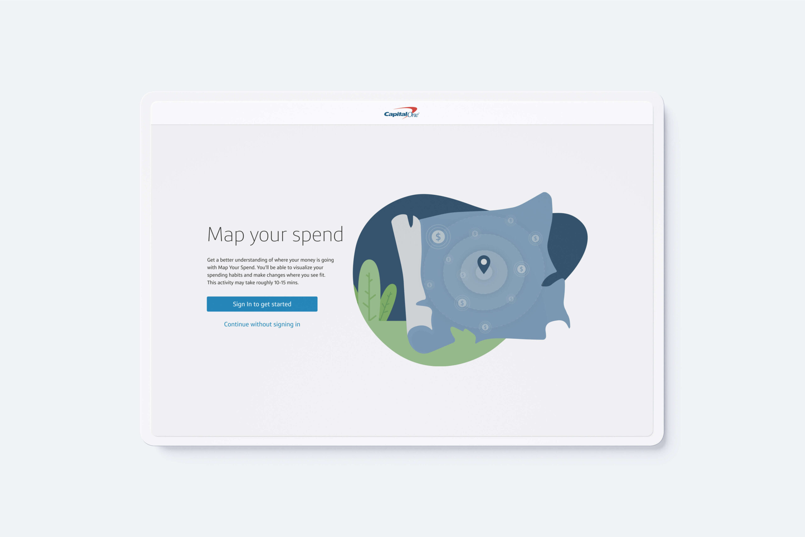 Ipad mockup of Map your spend: A self service financial well being web app.