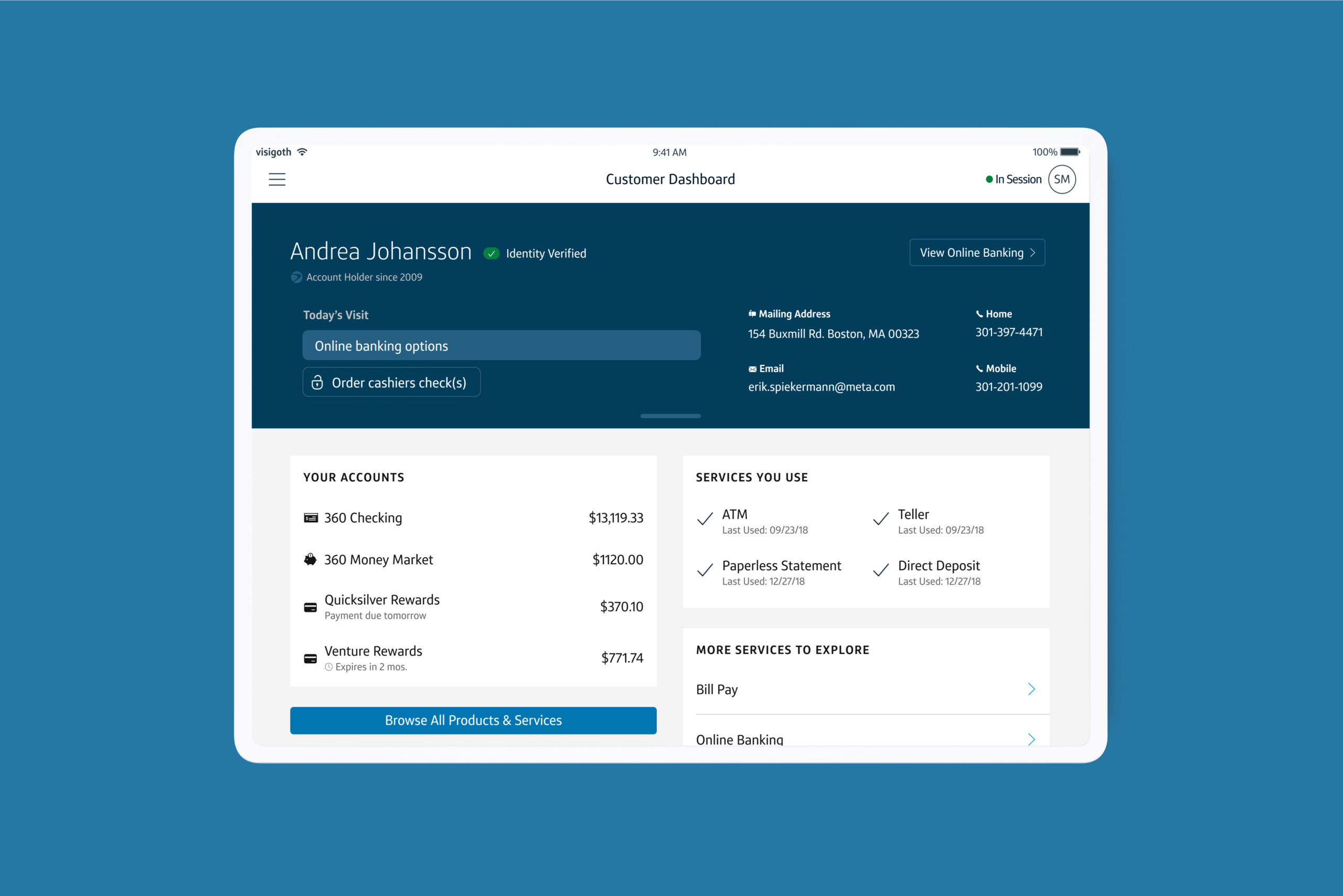 A customer's dashboard screen on associates iPad after successful mobile authentication.